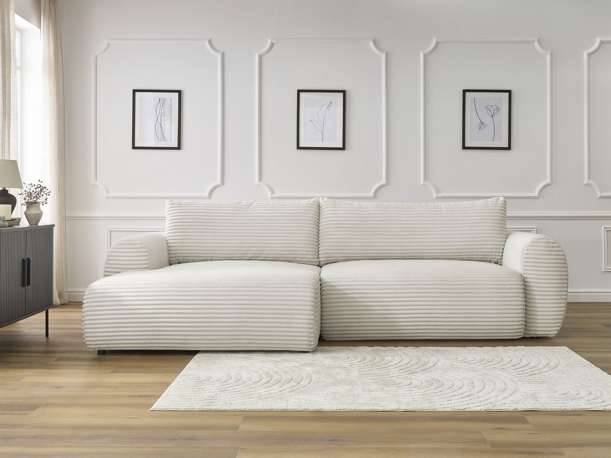 Bobochic Lucien Ecksofa mit Schlaffunktion und Bettkasten 314 × 167 cm Breitcord weich Beige Ecke links
