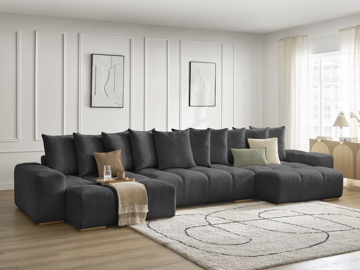 Bobochic Anakin Wohnlandschaft, Liegefläche 137 × 382 cm, 10 Kissen Strukturstoff Schwarz