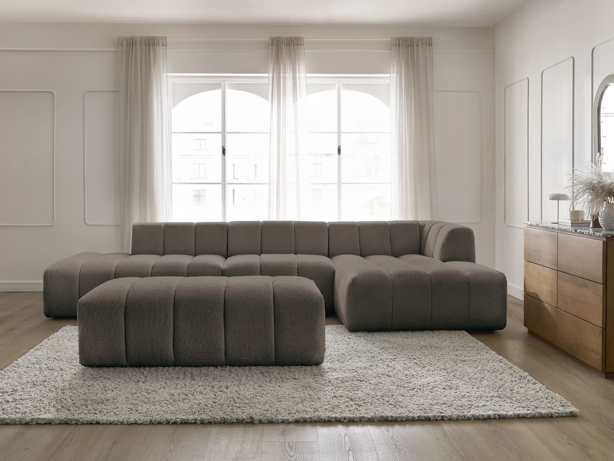 Bobochic Annecy Ecksofa mit Sofamodul und Pouf Bouclé-Stoff Braun Ecke rechts