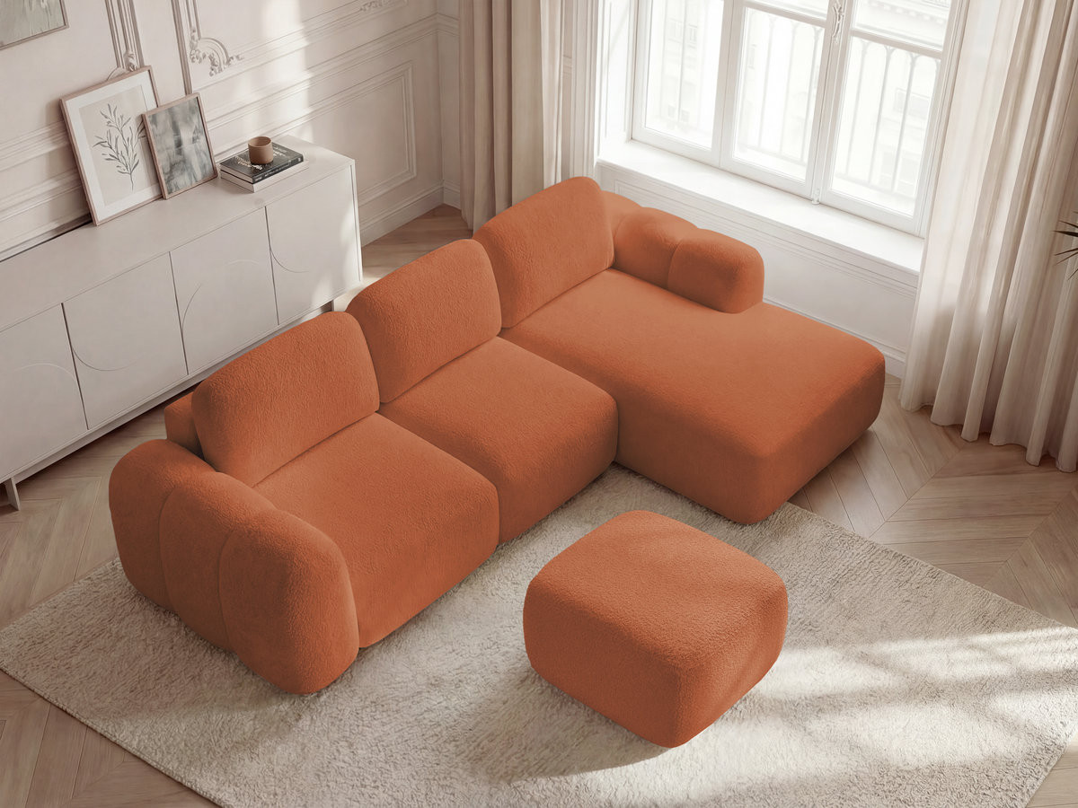 Bobochic Montaigne Ecksofa mit Schlaffunktion und Bettkasten und Pouf 276 × 164 cm Bouclé-Stoff Orange Ecke rechts