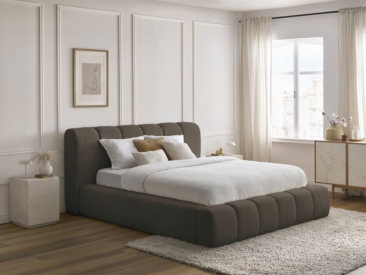 Bobochic Denali Polsterbett mit Bettkasten Bouclé-Stoff Braun, Liegefläche 140 × 190 cm