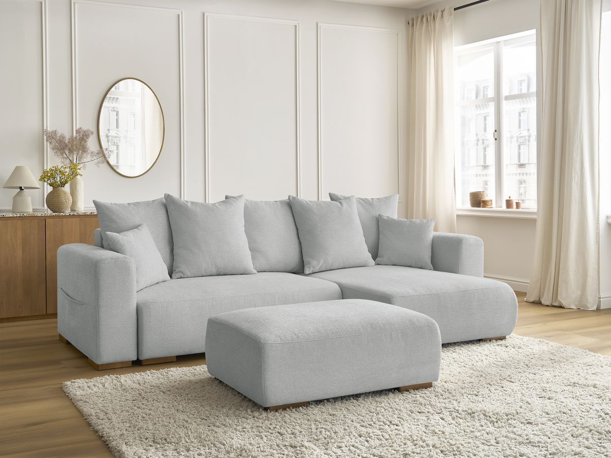 Bobochic Sidonie Ecksofa mit Schlaffunktion und Bettkasten und Pouf Melange-Stoff Hellgrau