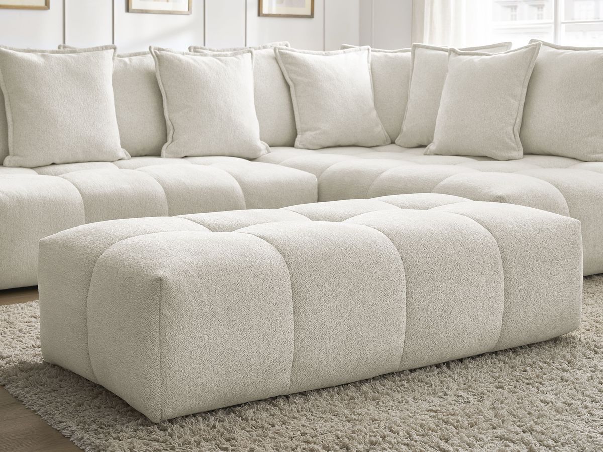 Bobochic Everest Ecksofa mit Schlaffunktion und Bettkasten und Pouf 320 × 212 cm, 10 Kissen Melange-Stoff Weiß Ecke rechts
