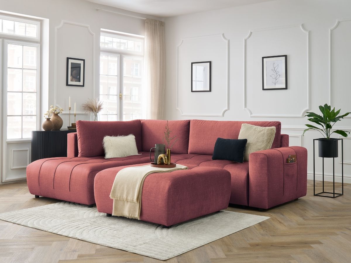 Bobochic Arsene Ecksofa mit Schlaffunktion und Bettkasten und Pouf 277 × 200 cm Samt Orange Ecke links