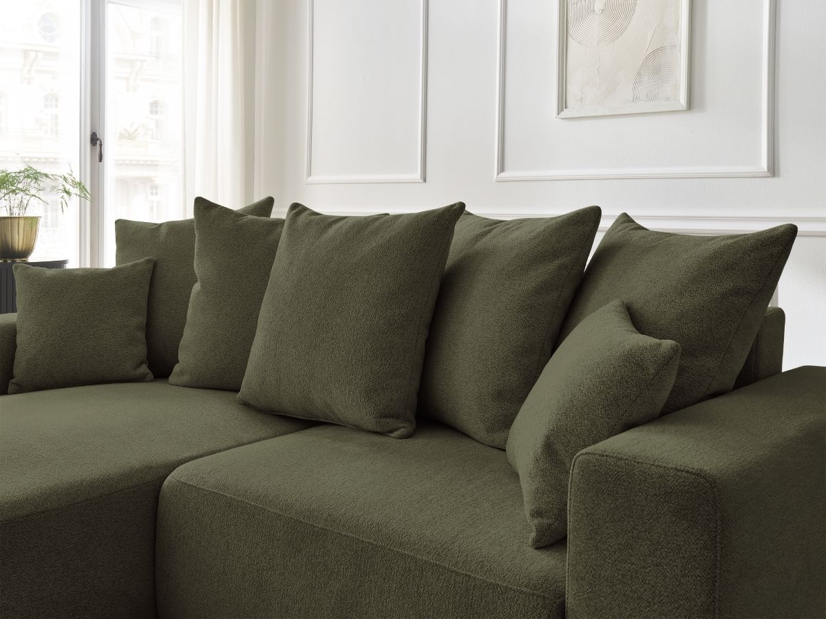 Bobochic Atilla Ecksofa mit Schlaffunktion und Bettkasten Melange-Stoff Grün Ecke links