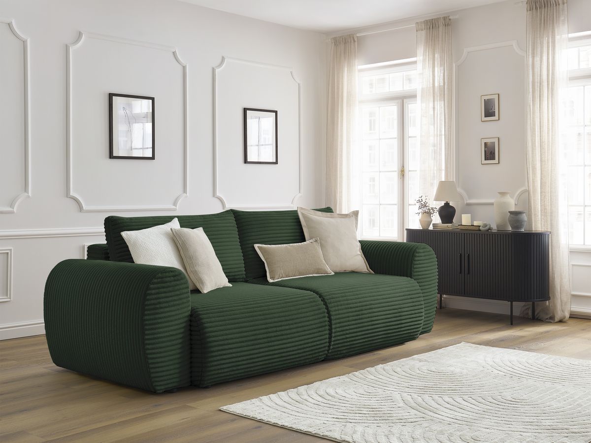 Bobochic Lucien Schlafsofa 3-Sitzer mit Bettkasten Breitcord weich Grün