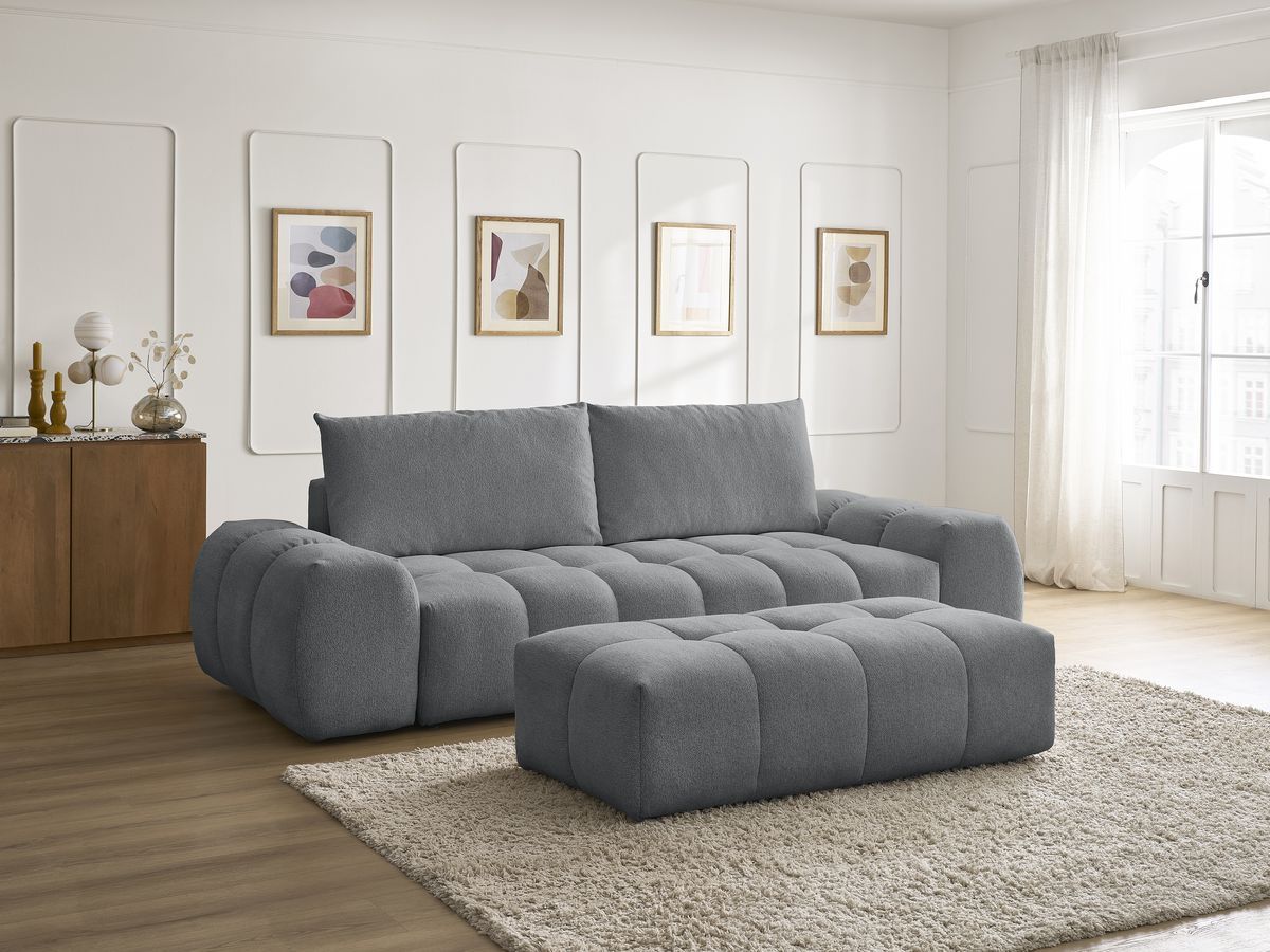 Bobochic Everest Sofa 3-Sitzer mit Pouf, 2 Kissen Melange-Stoff Dunkelgrau