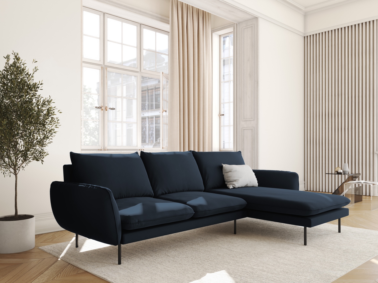 Cosmopolitan Design Ecksofa Vienna 5-Sitzer Samt Bluvel Dunkelblau Rechts Beine Schwarzes Metall