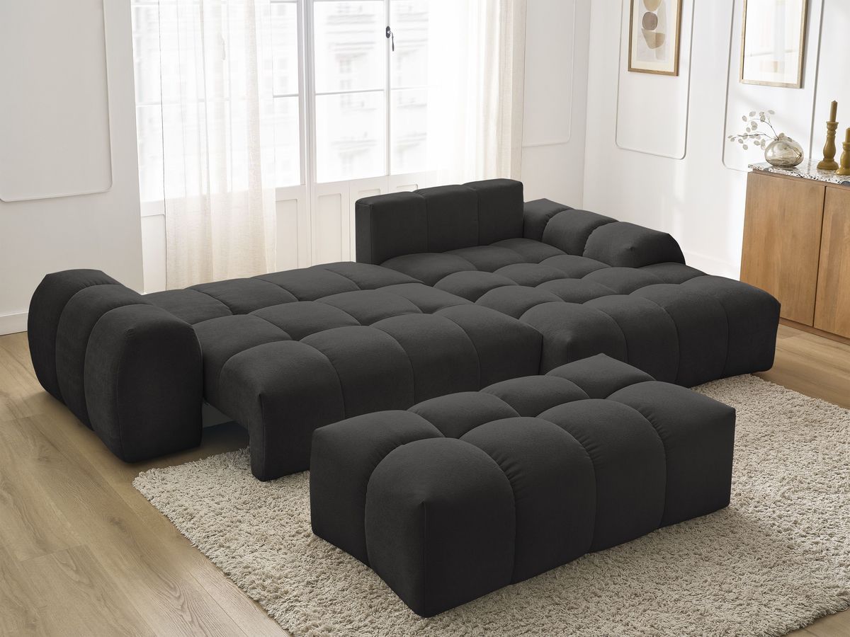 Bobochic Everest Ecksofa mit Schlaffunktion und Bettkasten und Pouf 318 × 180 cm, 7 Kissen Strukturstoff Schwarz Ecke rechts