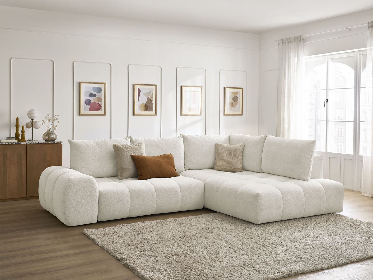 Bobochic Everest Ecksofa mit Schlaffunktion und Bettkasten 320 × 212 cm, 5 Kissen Melange-Stoff Weiß Ecke rechts