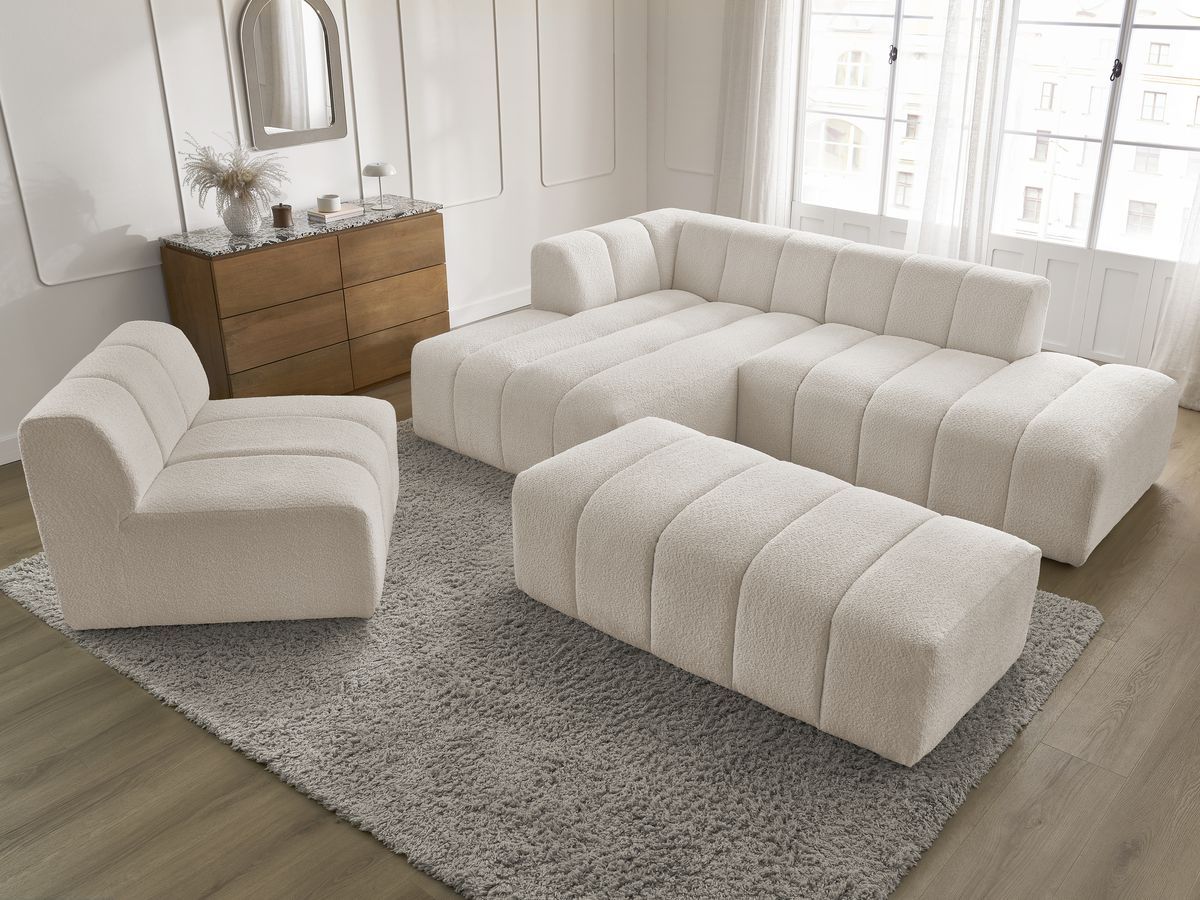 Bobochic Annecy Ecksofa mit Sofamodul und Pouf Bouclé-Stoff Weiß Ecke links