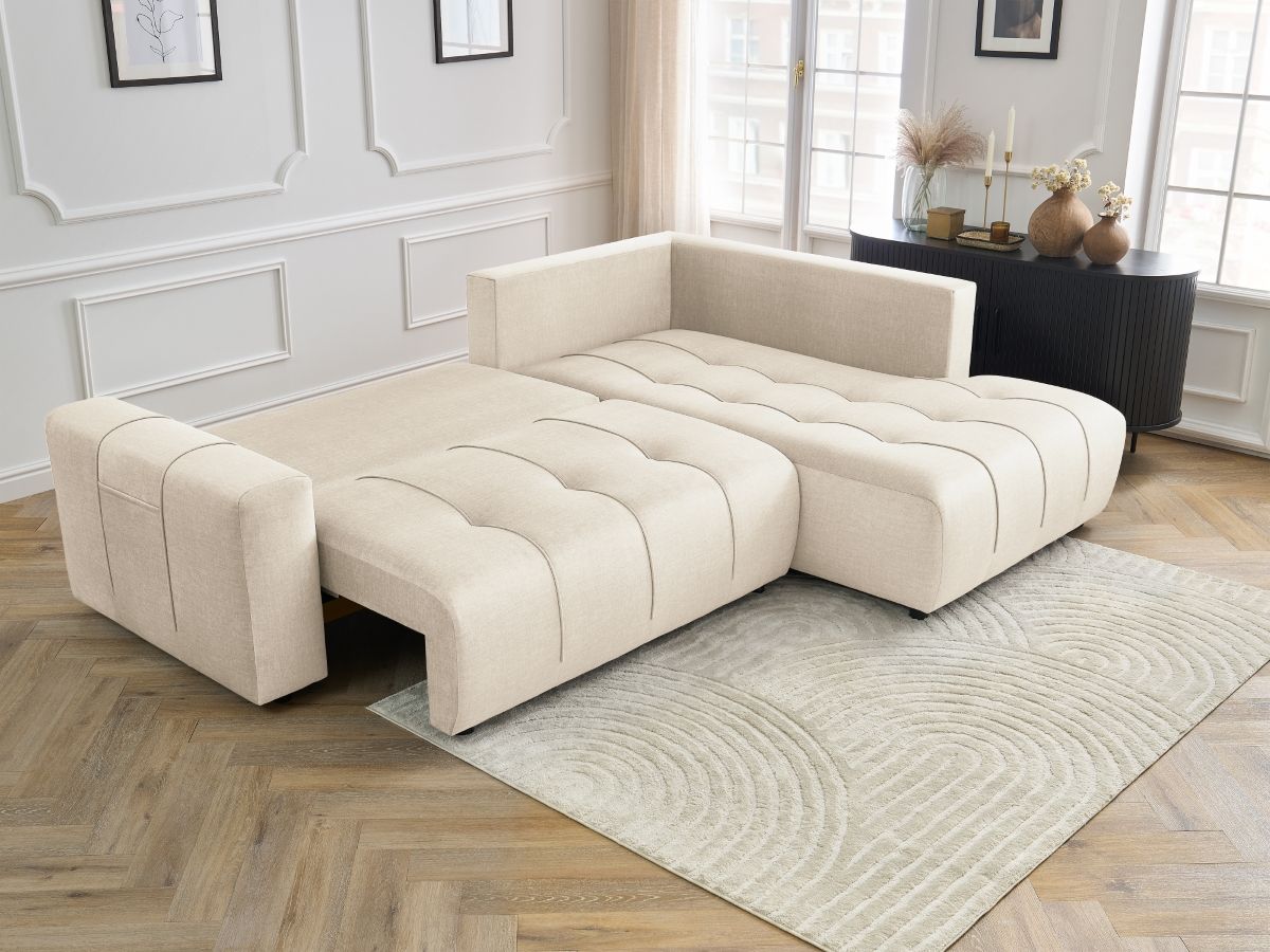 Bobochic Arsene Ecksofa mit Schlaffunktion und Bettkasten 277 × 200 cm Samt Beige Ecke rechts