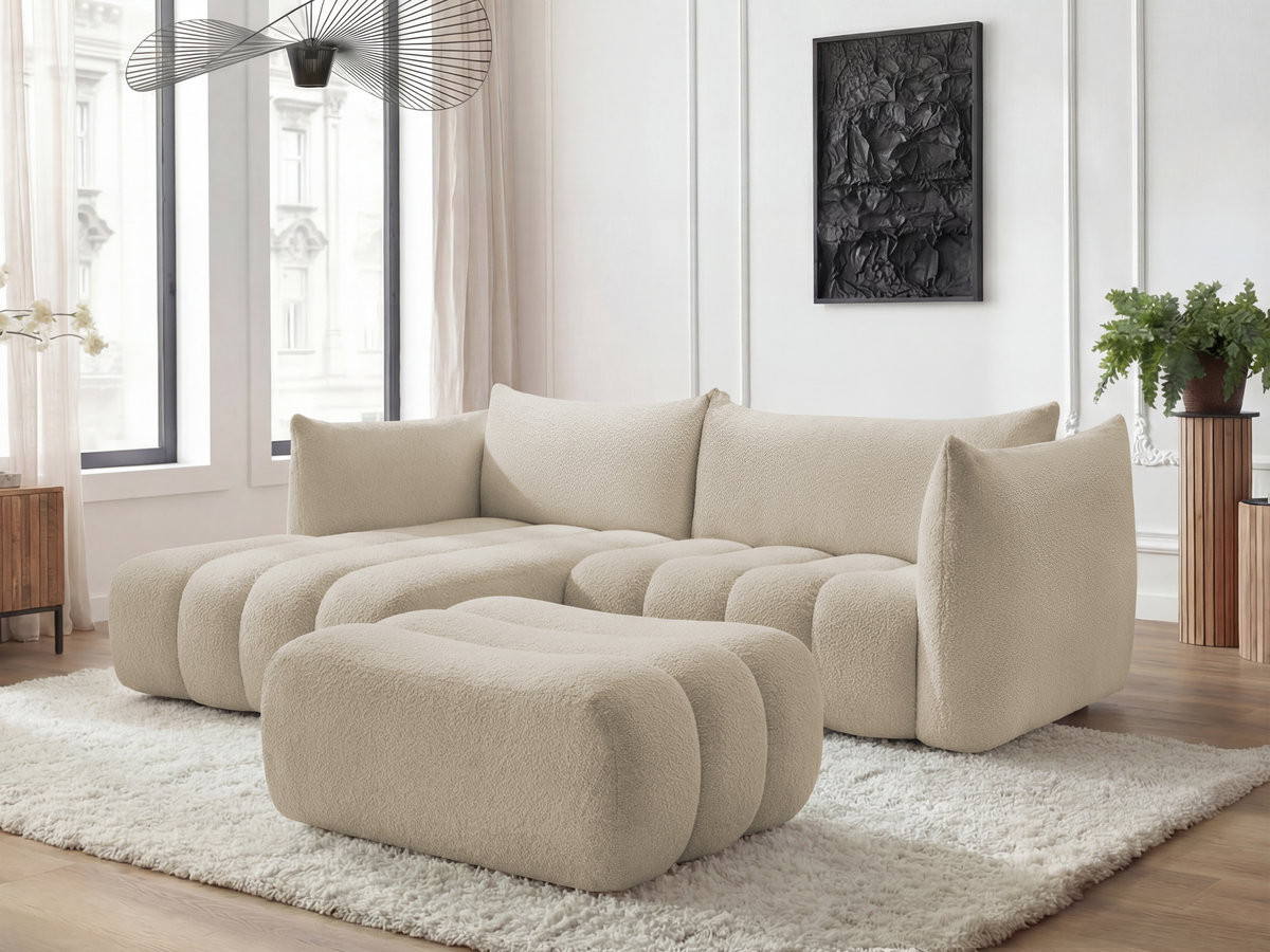 Bobochic Azra Ecksofa mit Pouf 262 × 178 cm Bouclé-Stoff Beige Ecke links