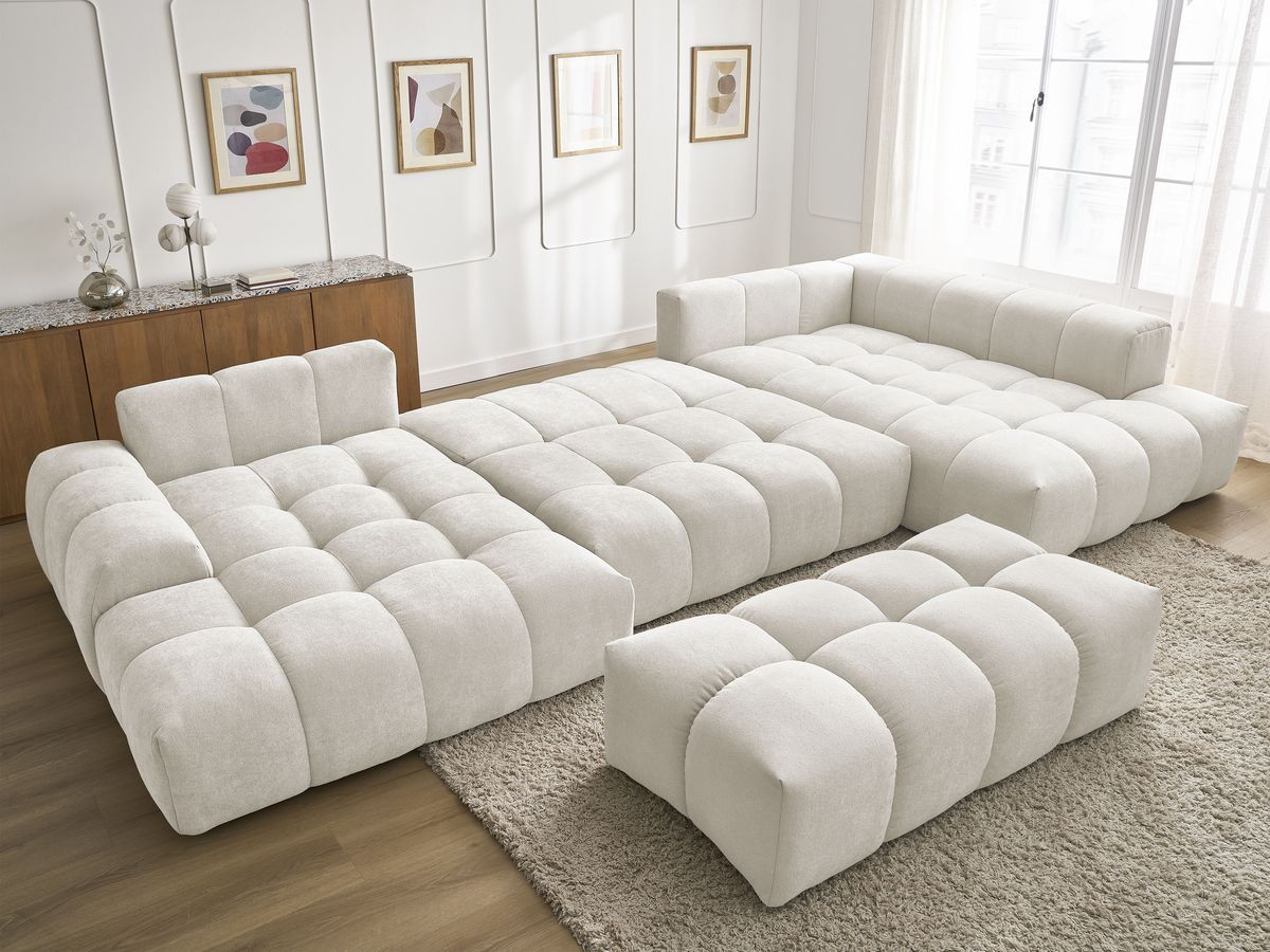Bobochic Everest Wohnlandschaft mit Pouf, 14 Kissen Strukturstoff Weiß Ecke links