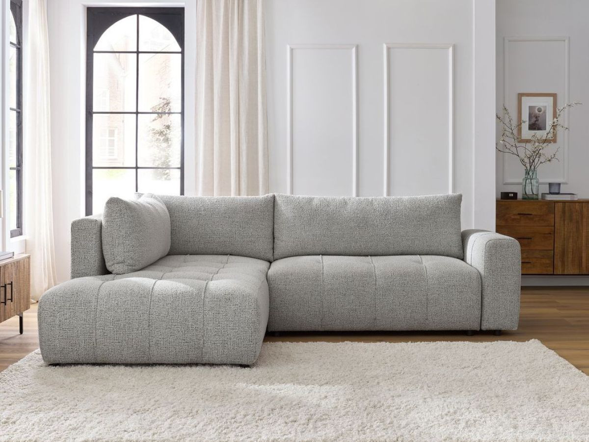 Bobochic Arsene Ecksofa mit Schlaffunktion und Bettkasten 277 × 200 cm Melange-Stoff Hellgrau Ecke links