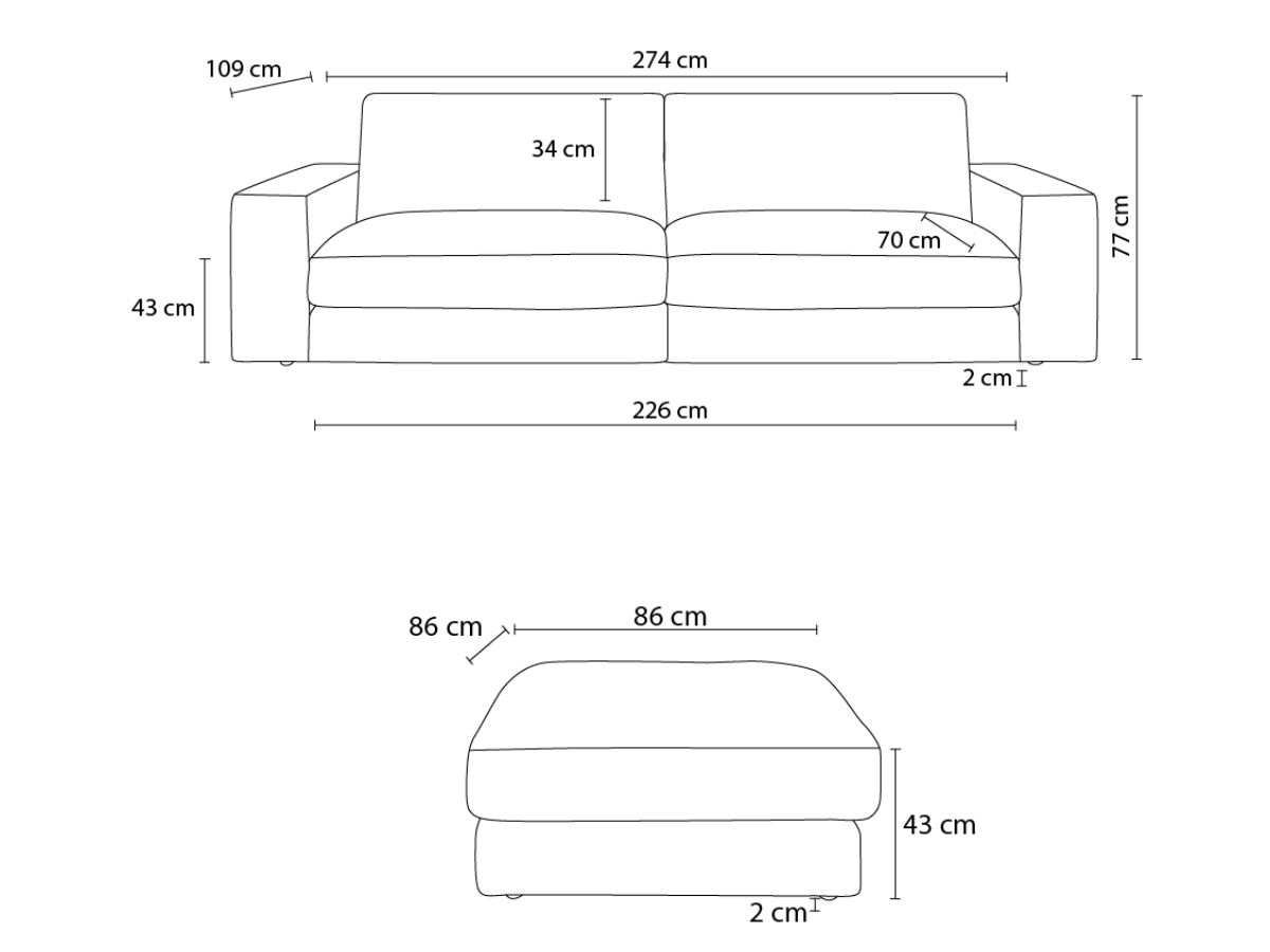 Bobochic Leonard Sofa 4-Sitzer mit Pouf 274 × 109 cm Cordsamt Braun