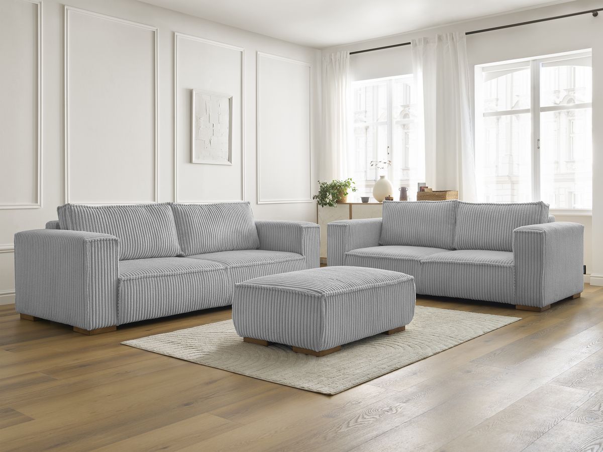 Bobochic Chelsea Sofa 6-Sitzer mit Pouf Breitcord weich Hellgrau