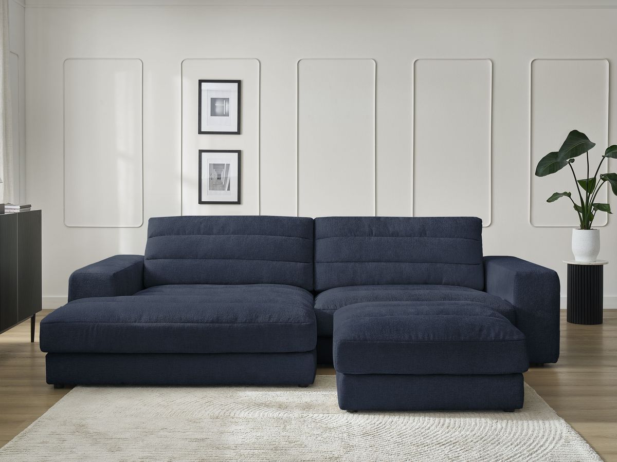 Bobochic Sierra Ecksofa mit Pouf Strukturstoff Dunkelblau Ecke links