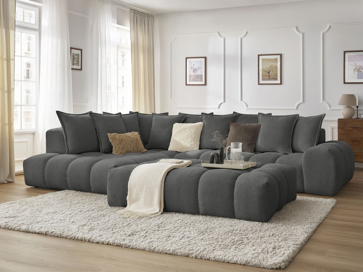 Bobochic Everest Ecksofa mit Schlaffunktion und Pouf, 10 Kissen Melange-Stoff Dunkelgrau Ecke links