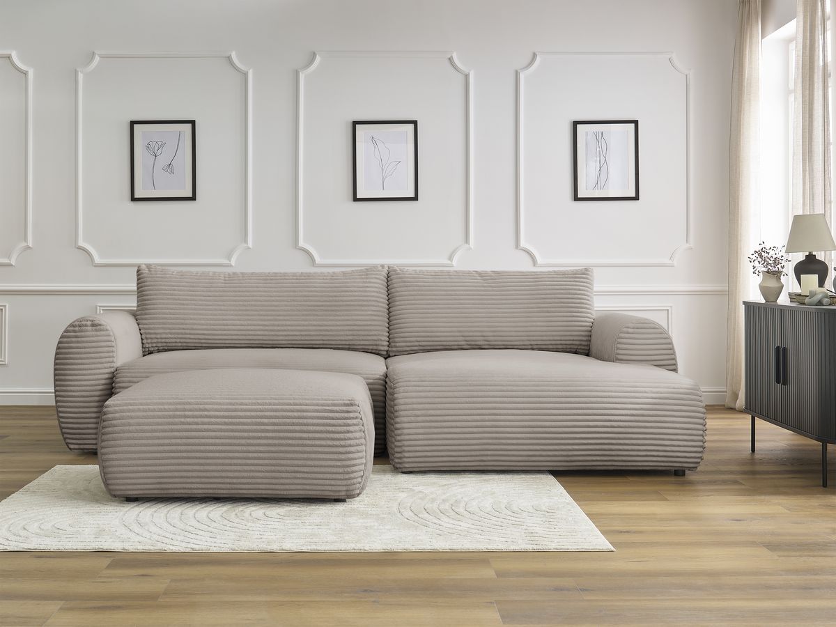 Bobochic Lucien Ecksofa mit Schlaffunktion und Bettkasten und Pouf 314 × 167 cm Breitcord weich Taupe Ecke rechts