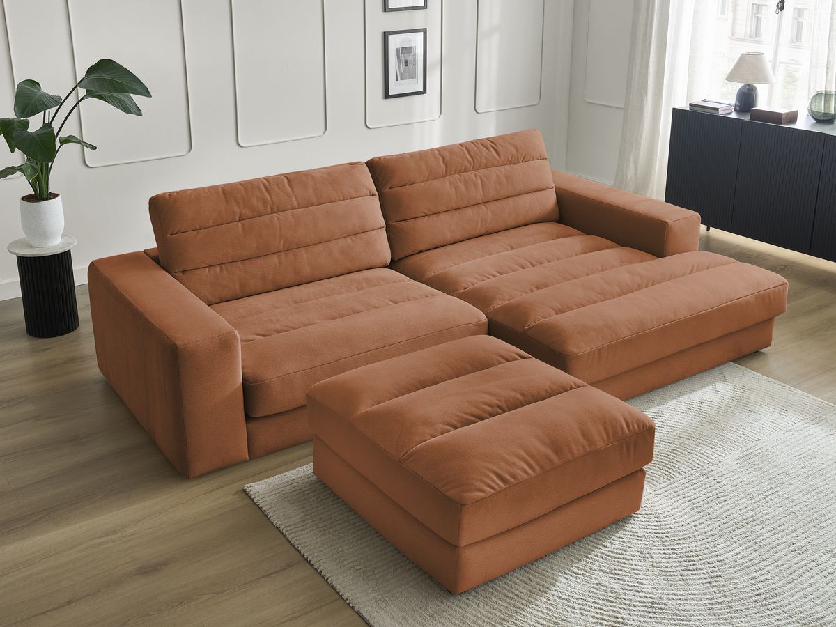 Bobochic Sierra Ecksofa mit Pouf Samt Orange Ecke rechts