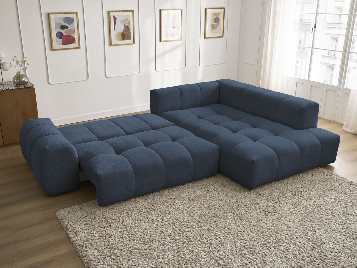 Bobochic Everest Ecksofa mit Schlaffunktion und Bettkasten 320 × 212 cm, 5 Kissen Melange-Stoff Dunkelblau Ecke rechts