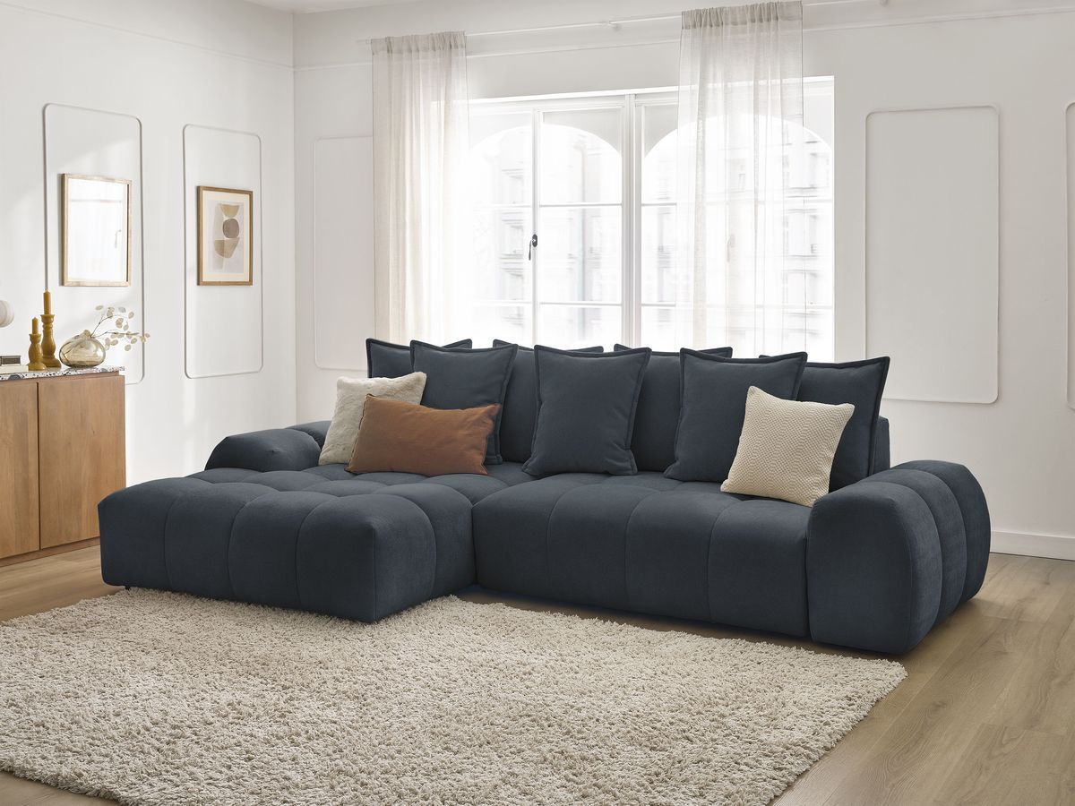 Bobochic Everest Ecksofa mit Schlaffunktion und Bettkasten 318 × 180 cm, 7 Kissen Strukturstoff Dunkelblau Ecke links
