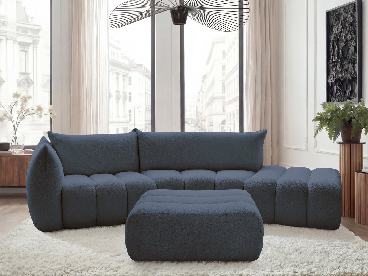Bobochic Azra Ecksofa mit Pouf 325 × 112 cm Bouclé-Stoff Dunkelblau Ecke links