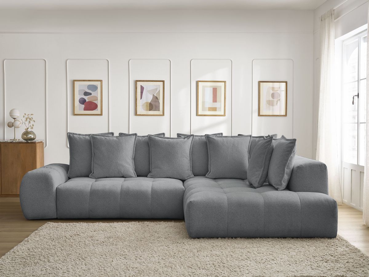 Bobochic Everest Ecksofa mit Schlaffunktion und Bettkasten 320 × 212 cm, 10 Kissen Melange-Stoff Dunkelgrau Ecke rechts