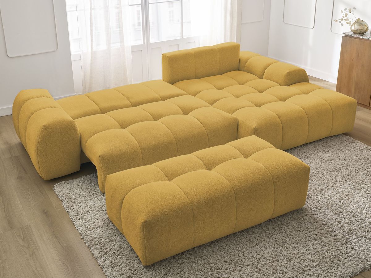 Bobochic Everest Ecksofa mit Schlaffunktion und Bettkasten und Pouf 318 × 180 cm, 3 Kissen Melange-Stoff Gelb Ecke rechts