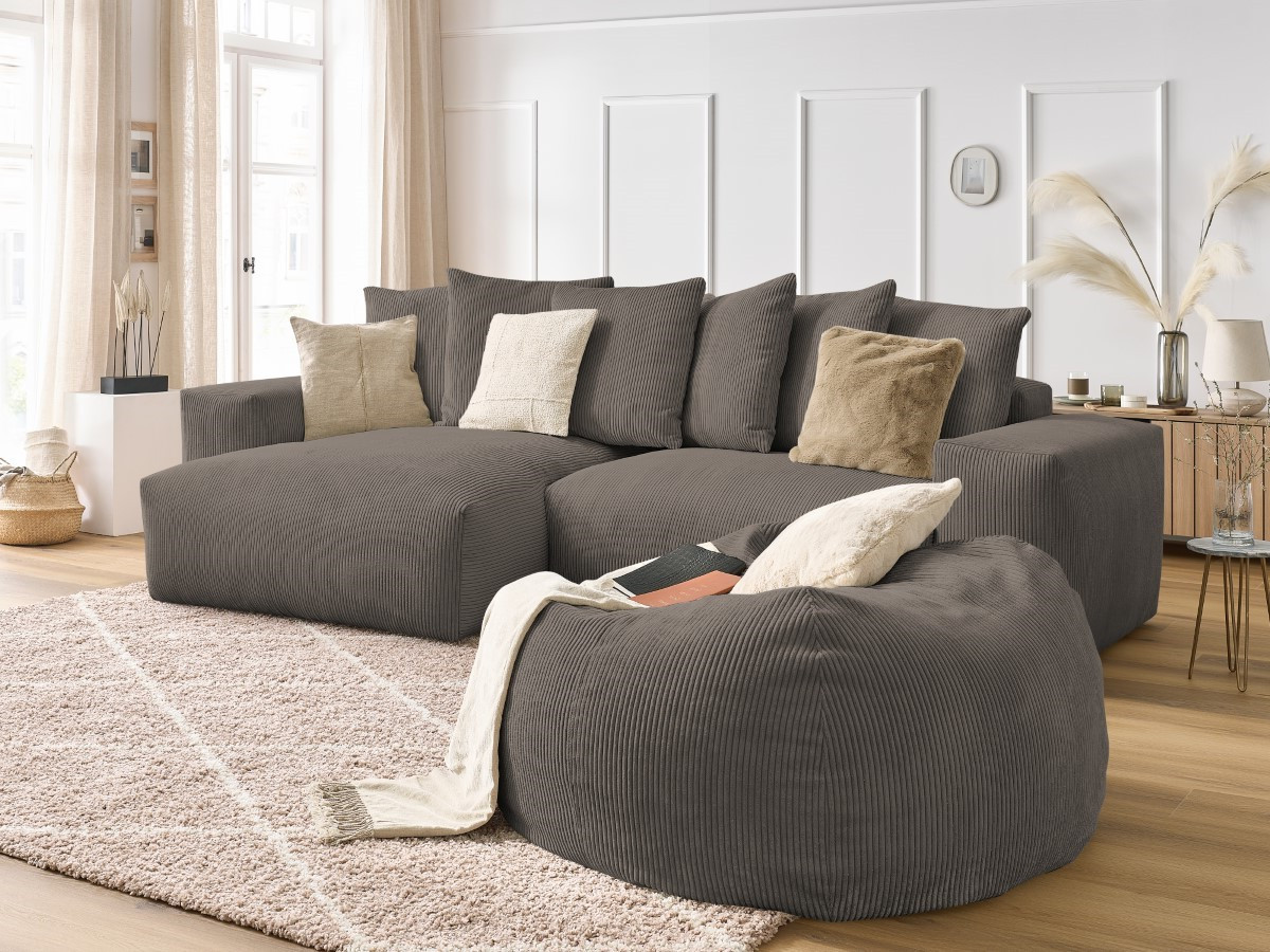 Bobochic Voltaire Ecksofa mit Pouf 310 × 174 cm Cordsamt Taupe