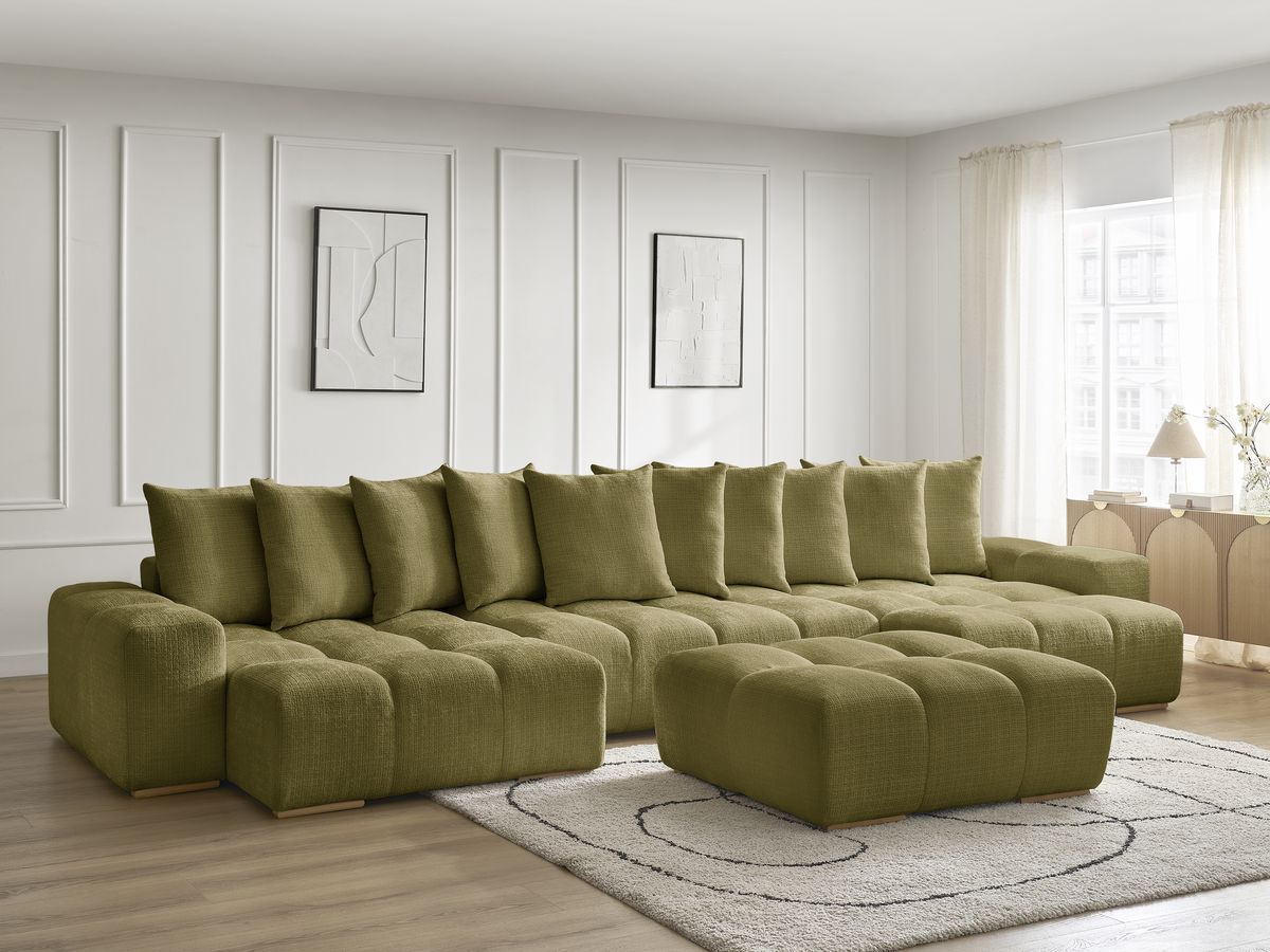 Bobochic Anakin Wohnlandschaft mit Pouf, Liegefläche 137 × 382 cm, 10 Kissen Strukturstoff Grün
