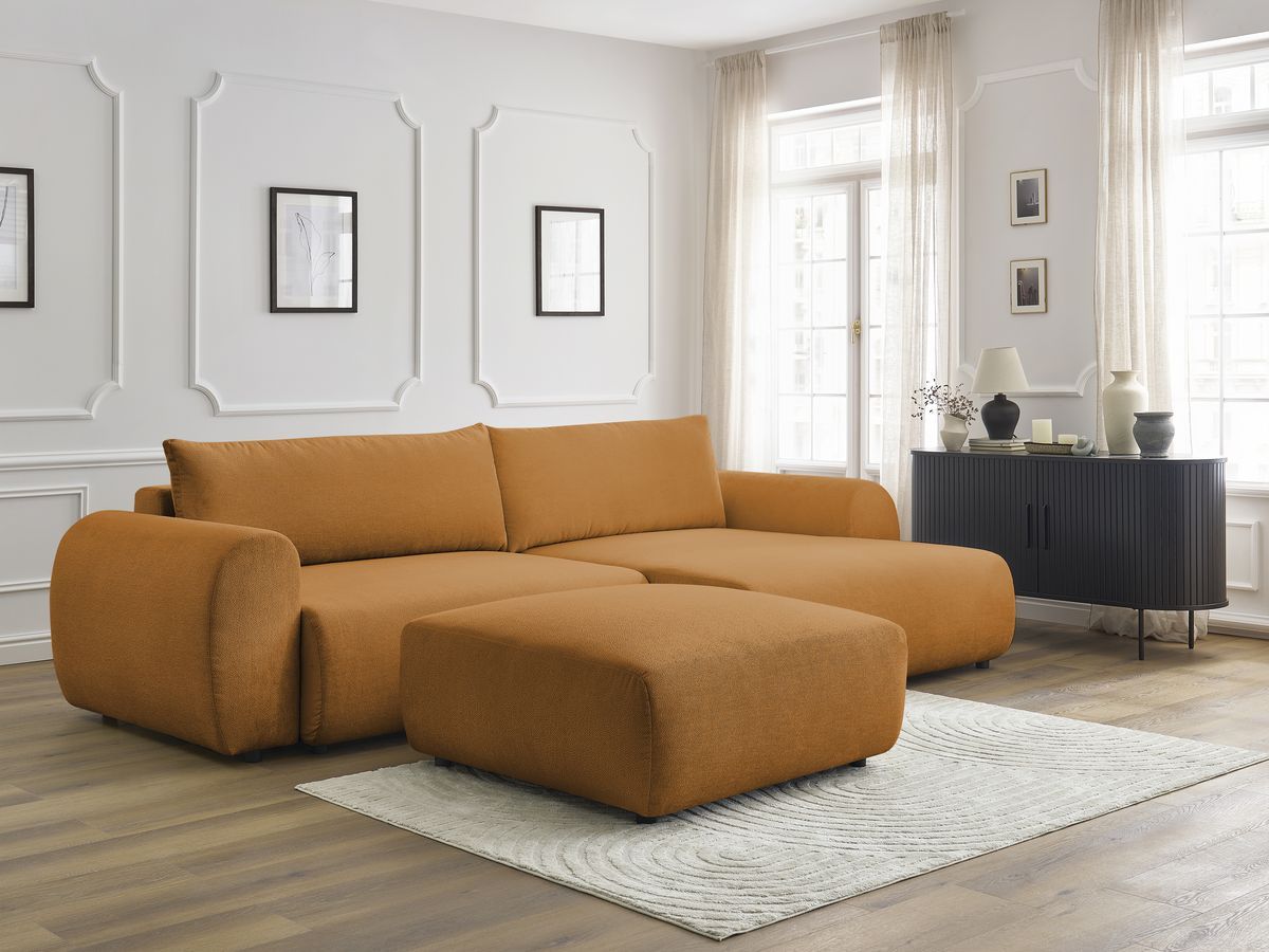 Bobochic Lucien Ecksofa mit Schlaffunktion und Bettkasten und Pouf 314 × 167 cm Stoff Gelb Ecke rechts