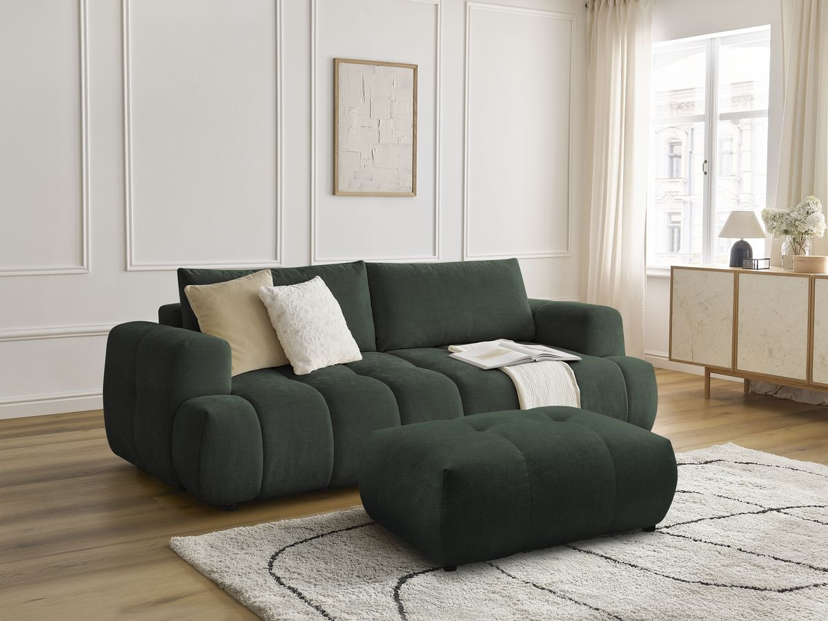 Bobochic Fuji Schlafsofa 3-Sitzer mit Bettkasten und Pouf Stoff Grün