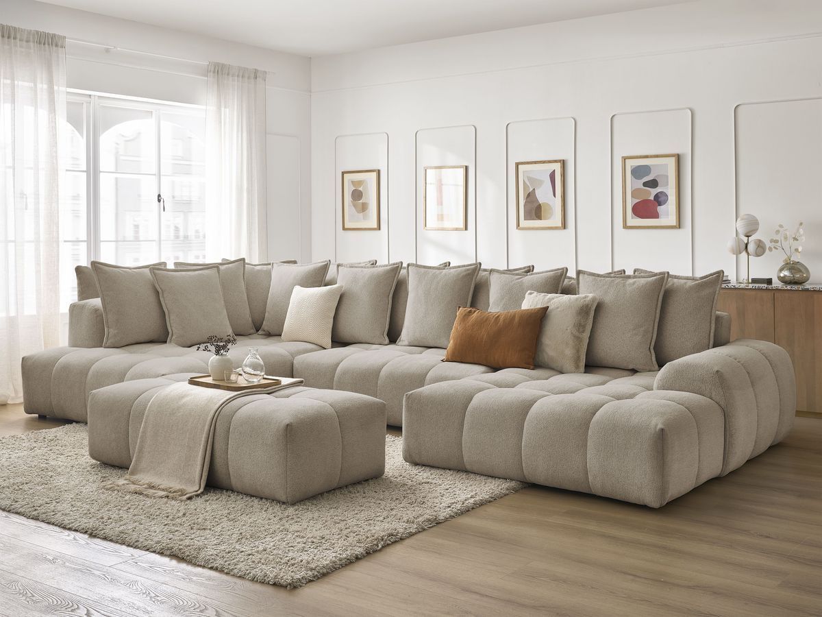 Bobochic Everest Wohnlandschaft mit Pouf, 14 Kissen Melange-Stoff Taupe Ecke rechts
