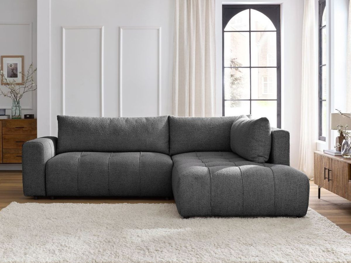 Bobochic Arsene Ecksofa mit Schlaffunktion und Bettkasten 277 × 200 cm Melange-Stoff Dunkelgrau Ecke rechts