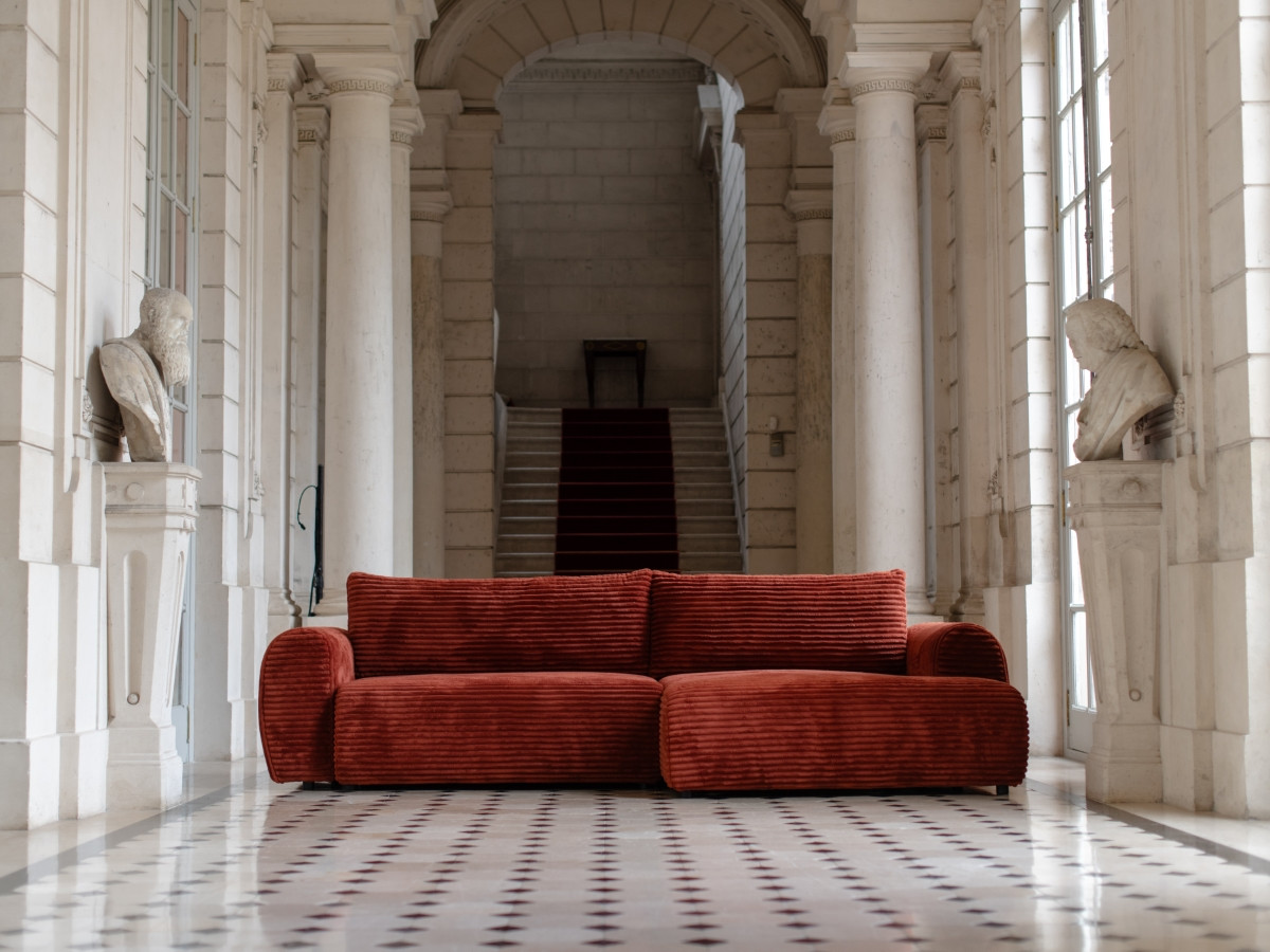 Bobochic Lucien Ecksofa mit Schlaffunktion und Bettkasten und Pouf 314 × 167 cm Breitcord weich Orange Ecke rechts
