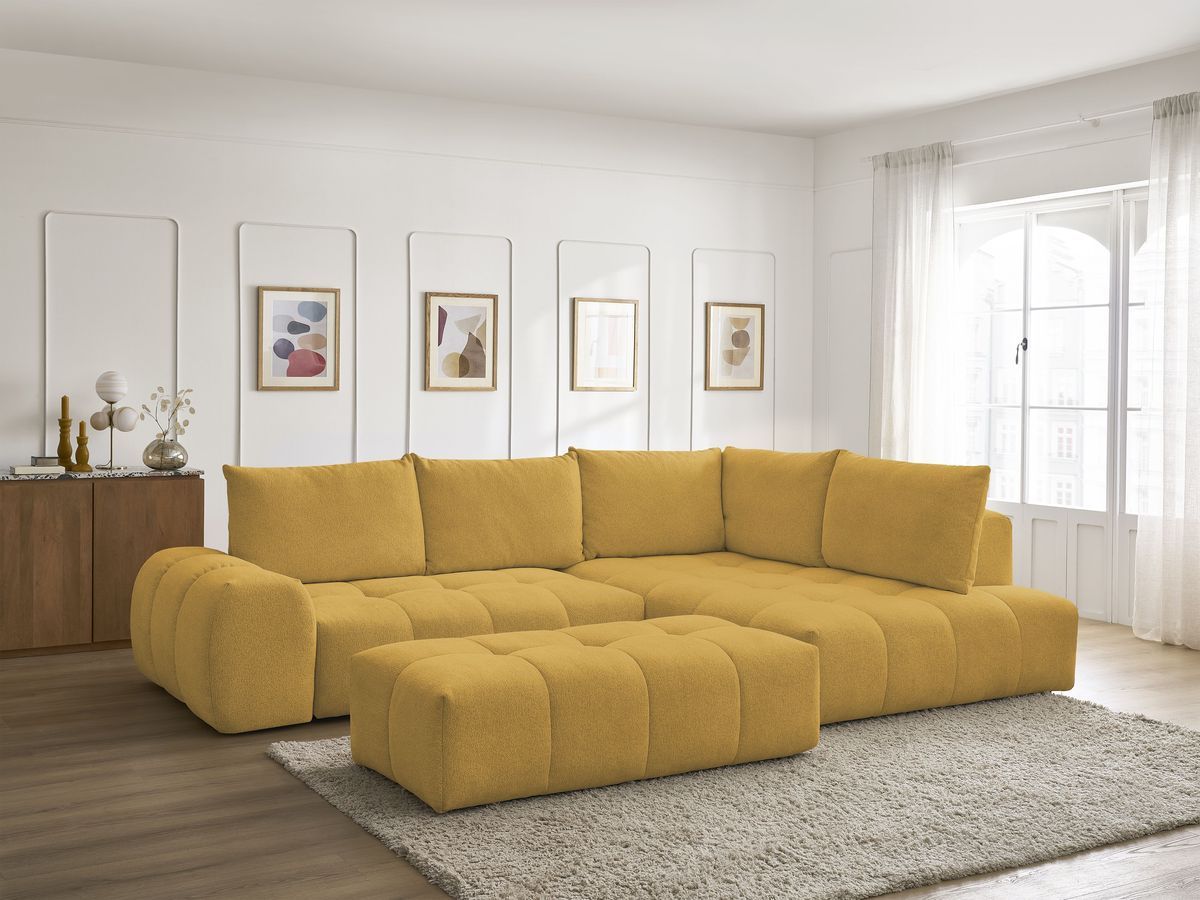 Bobochic Everest Ecksofa mit Schlaffunktion und Bettkasten und Pouf 320 × 212 cm, 5 Kissen Melange-Stoff Gelb Ecke rechts