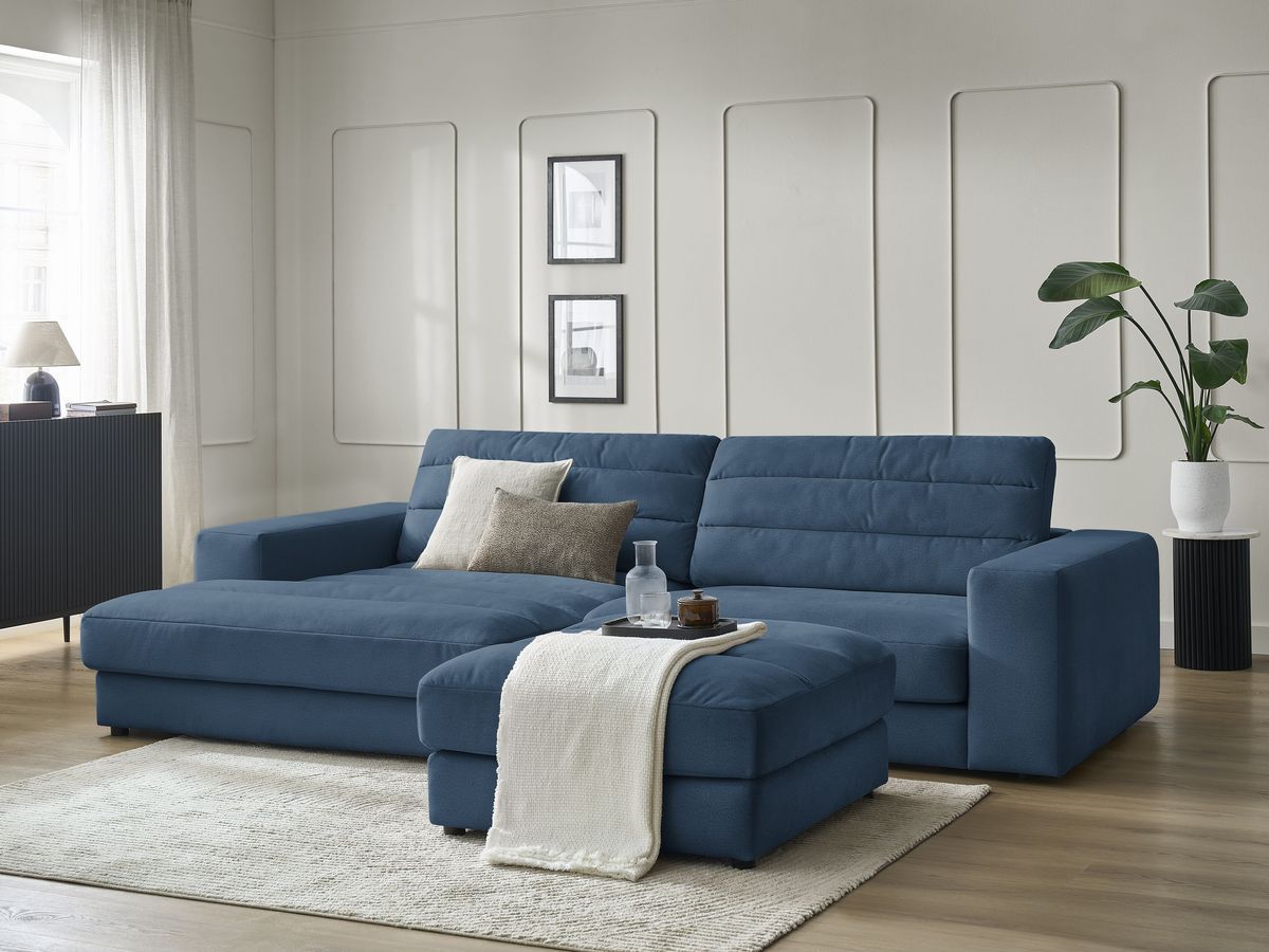 Bobochic Sierra Ecksofa mit Pouf Samt Dunkelblau Ecke links