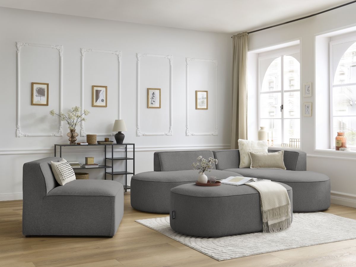 Bobochic Rousseau Ecksofa mit Sofamodul und Pouf Melange-Stoff Dunkelgrau Ecke rechts