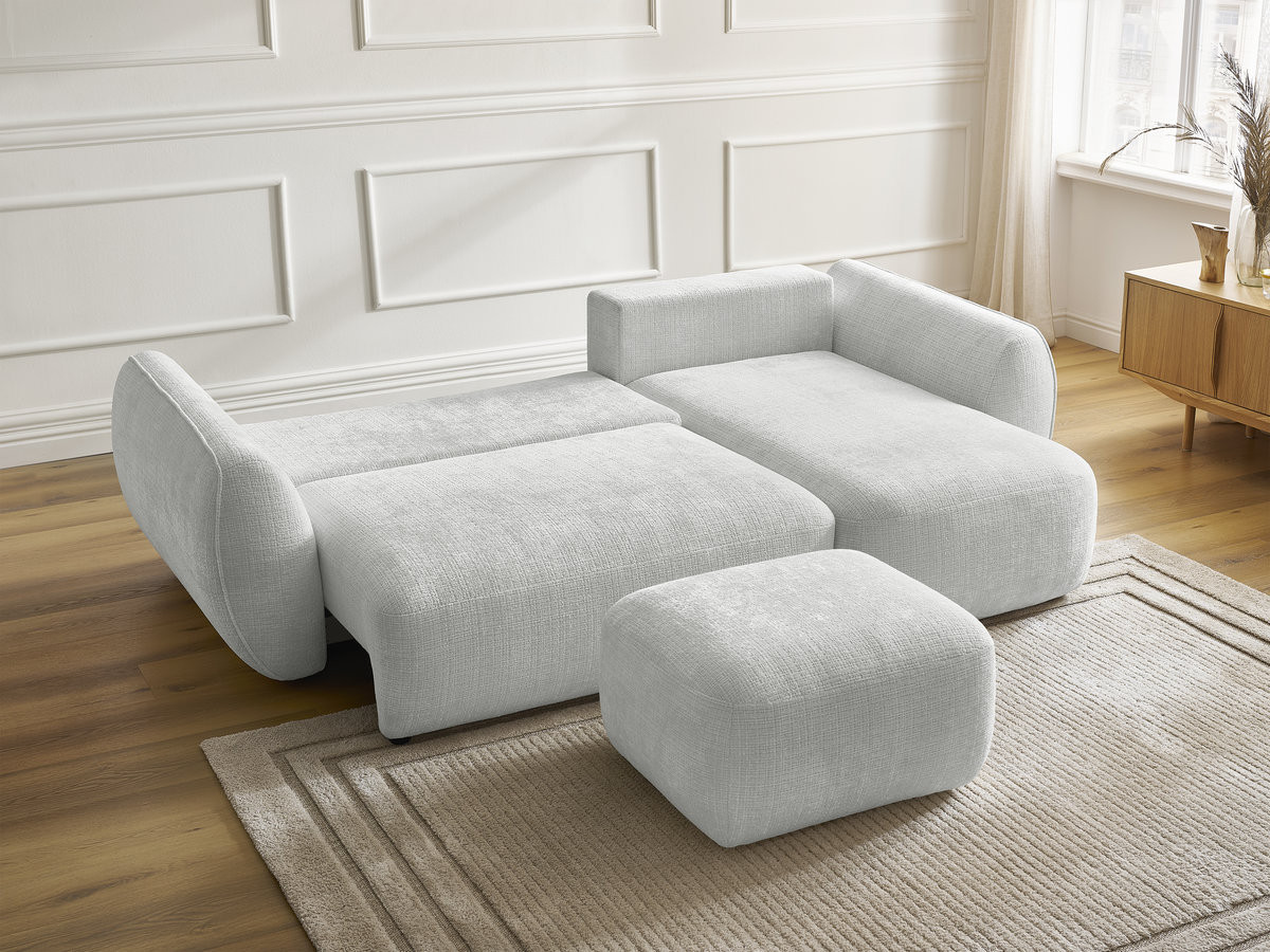 Bobochic Denise Ecksofa mit Schlaffunktion und Bettkasten und Pouf 258 × 160 cm Strukturstoff Hellgrau Ecke rechts
