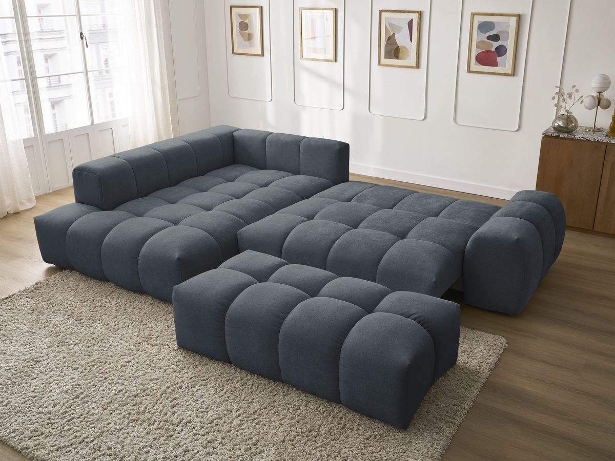 Bobochic Everest Ecksofa mit Schlaffunktion und Bettkasten und Pouf 320 × 212 cm, 5 Kissen Strukturstoff Dunkelblau Ecke links