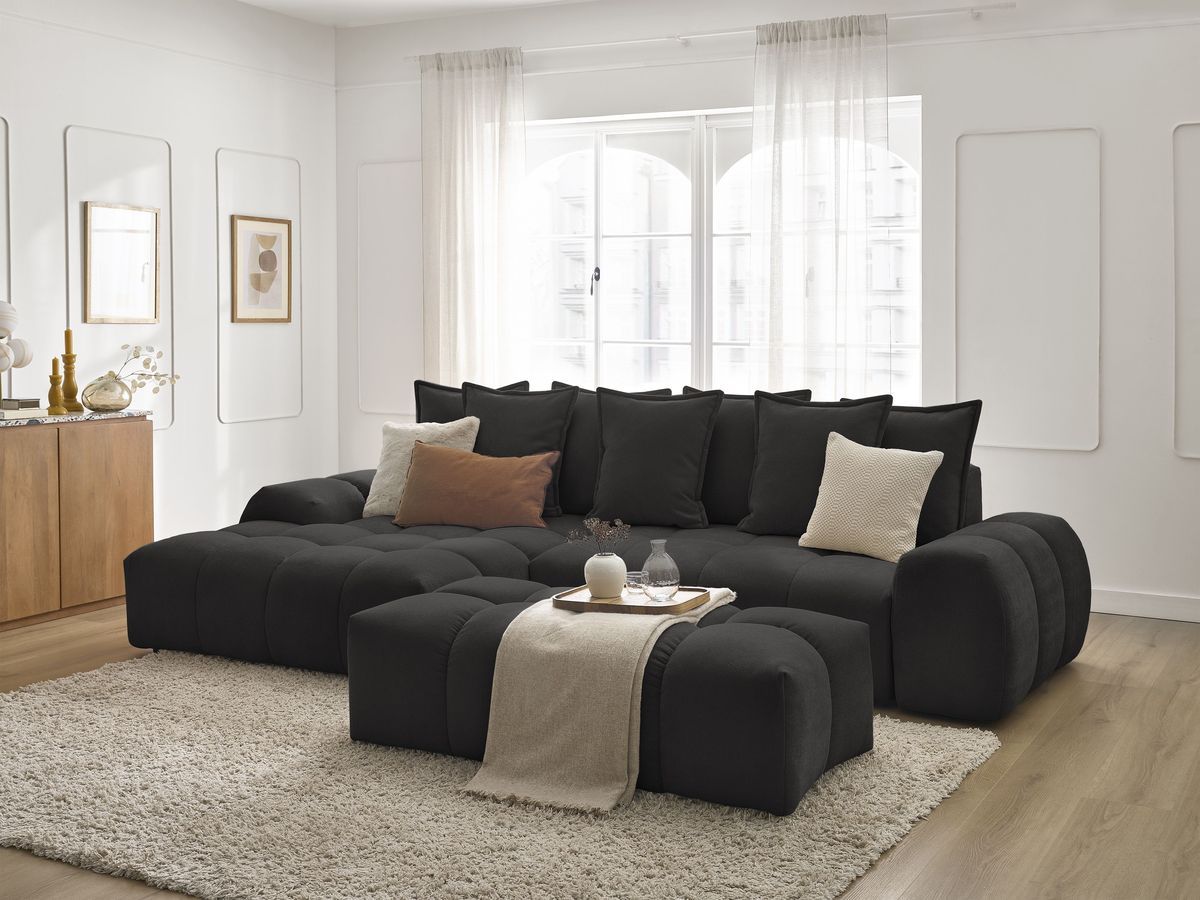 Bobochic Everest Ecksofa mit Schlaffunktion und Bettkasten und Pouf 318 × 180 cm, 7 Kissen Strukturstoff Schwarz Ecke links