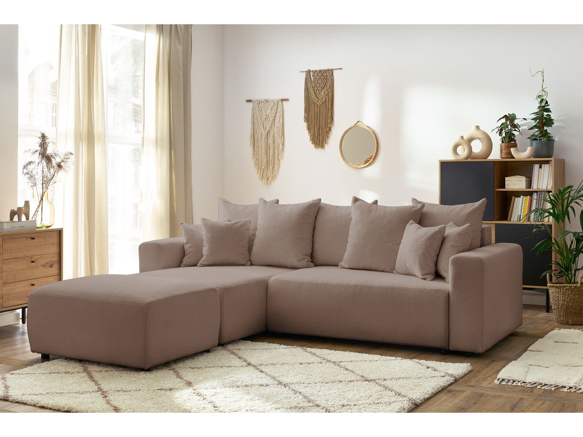 Bobochic Envy Ecksofa mit Schlaffunktion und Bettkasten und rechteckigem Pouf Bouclé-Stoff Braun