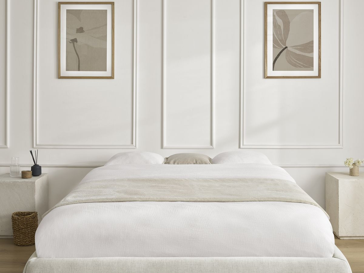 Bobochic Inera Bettgestell mit Bettkasten, ohne Kopfteil Stoff Beige, Liegefläche 160 × 200 cm