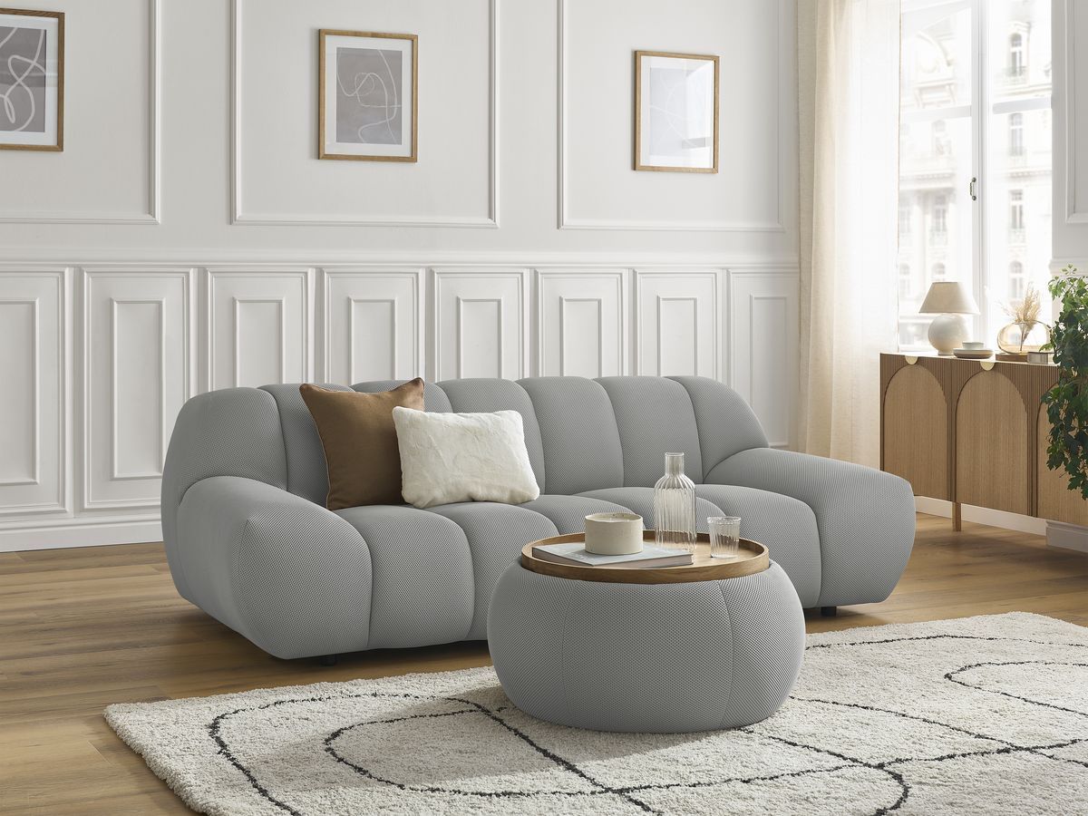 Bobochic Hayden Sofa 2-Sitzer mit Pouf Mesh-Stoff Hellgrau
