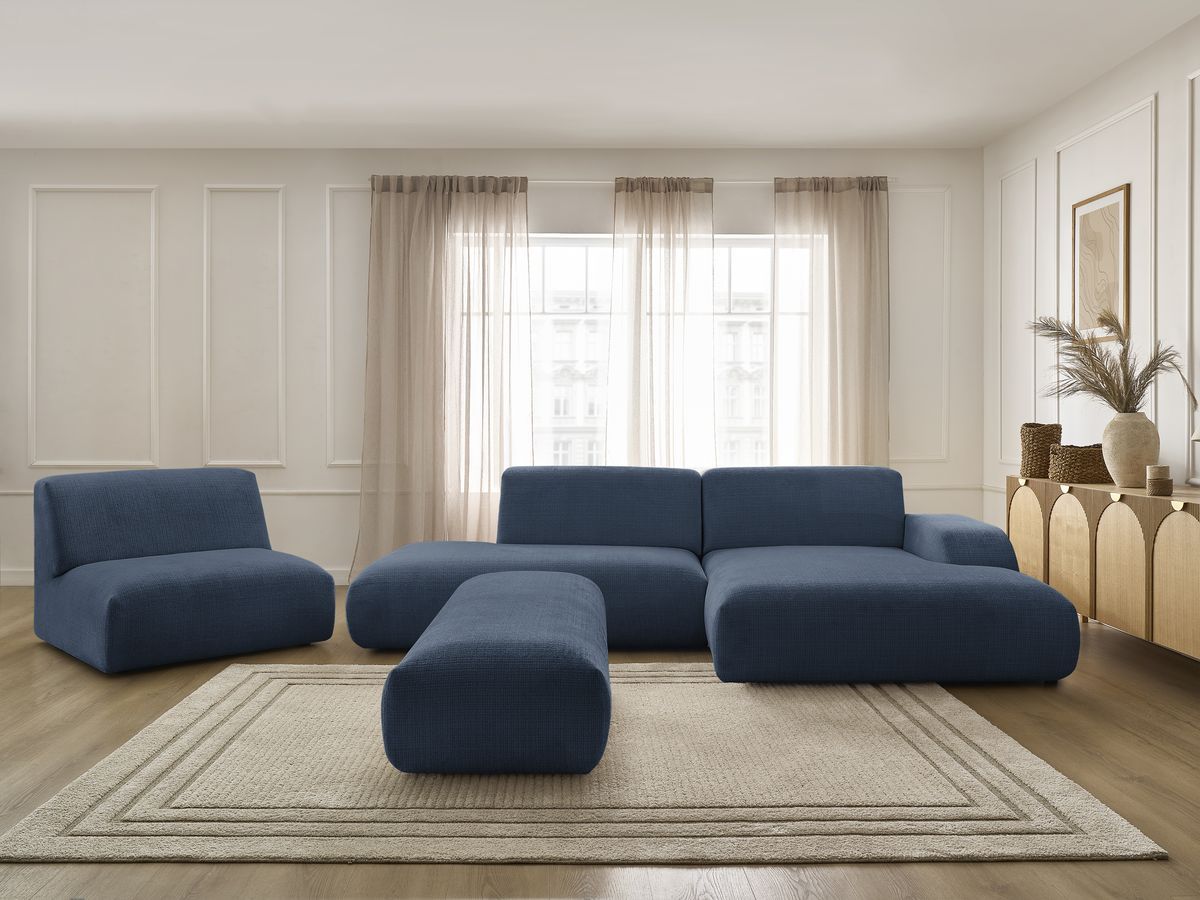 Bobochic Sirius Ecksofa mit Pouf 405 × 170 cm Strukturstoff Dunkelblau Ecke rechts