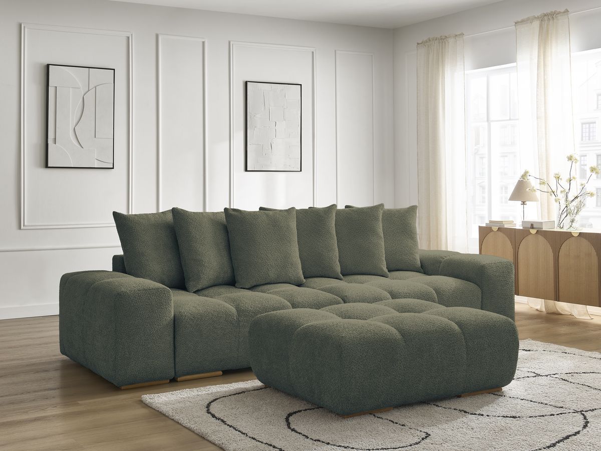 Bobochic Anakin Sofa 3-Sitzer mit Pouf, 6 Kissen Bouclé-Stoff Grün