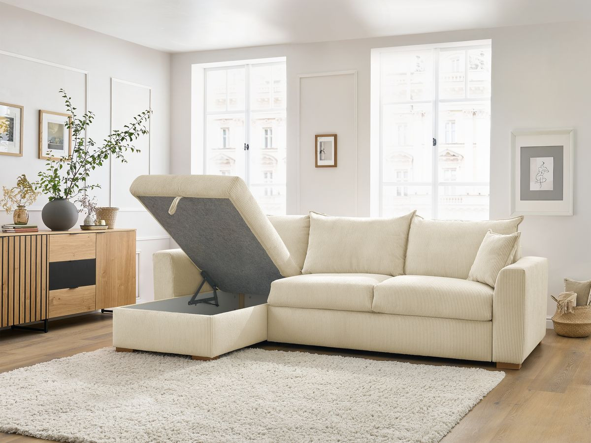 Bobochic Augustin Ecksofa mit Schlaffunktion und Bettkasten Cordsamt Beige, Liegefläche 140 × 200 cm