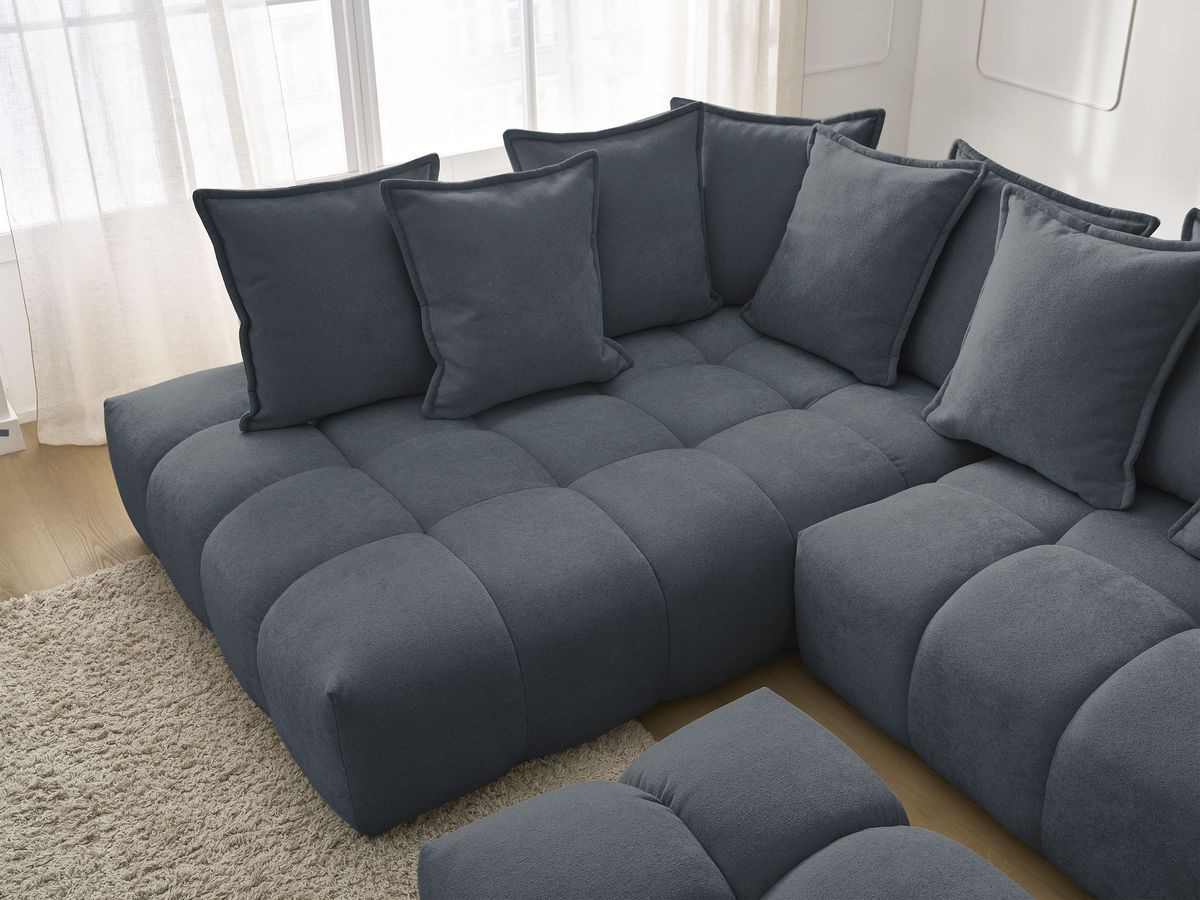 Bobochic Everest Ecksofa mit Schlaffunktion und Bettkasten und Pouf 320 × 212 cm, 10 Kissen Strukturstoff Dunkelblau Ecke links